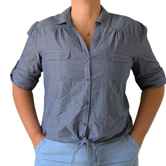 Chelsea & Theodore Blue Chambray Button Down Top Pocket Tie Elastic Band Sz L - Picture 1 of 6